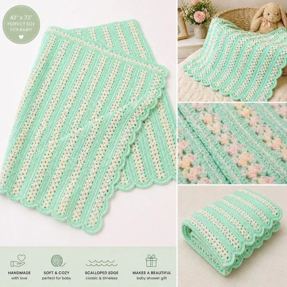 VTG Handmade Crochet Baby Blanket 42x32 Mint Green Pink Pastel Afghan Scallop